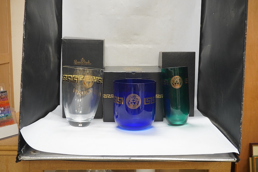 Three boxed Rosenthal for Versace glass Medusa head gilt vases, highest 25cm. Condition - good.